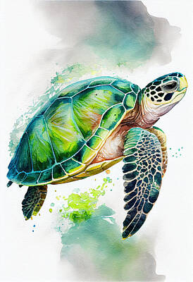 Reptiles Digital Art - green  sea  turtle  watercolor    Fade  into  white  ba  fcebc  dfd  eca  b  abedbca by Asar Studios by Celestial Images