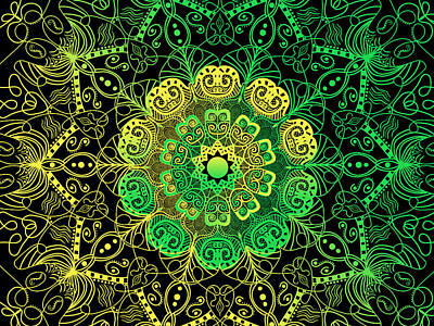 Abstract Drawings - Green, yellow mandala hand drawn on black background filling the whole frame in abstract, artistic design.  by Julien