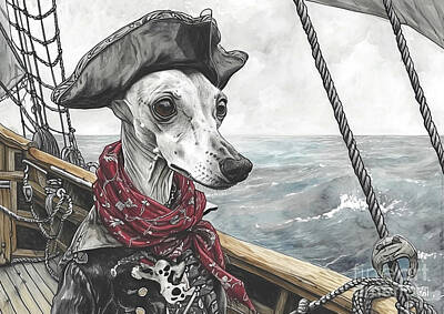 Drawings Rights Managed Images - Greyhound Galley Baby Greyhound in Pirate Form on a Pirate Ship, Inked Royalty-Free Image by Adrien Efren