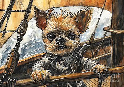 Drawings Rights Managed Images - Griffon Gangplank Baby Brussels Griffon in Pirate Form, Inked Royalty-Free Image by Adrien Efren