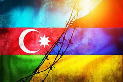 Terry Oneill Rights Managed Images - Grunge flags of Azerbaijan and Armenia divided by barb wire illu Royalty-Free Image by Brch Photography