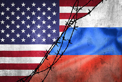 Pop Art - Grunge flags of Russian Federation and USA divided by barb wire  by Brch Photography