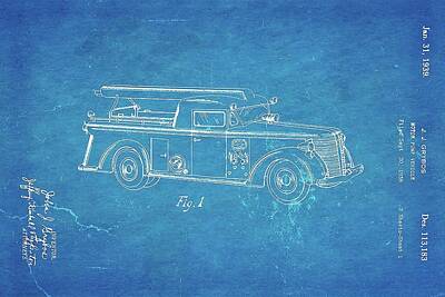 Transportation Royalty Free Images - Grybos Fire Truck Patent Art 1939 Blueprint Ian Monk Royalty-Free Image by Car Lover