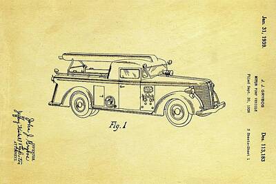 Transportation Royalty Free Images - Grybos Fire Truck Patent Art 1939 Ian Monk Royalty-Free Image by Car Lover