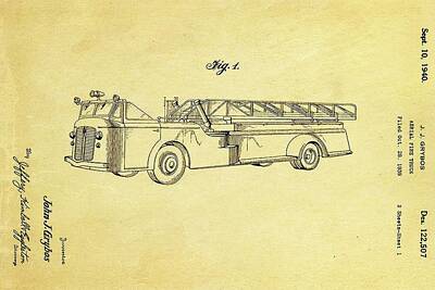 Transportation Royalty Free Images - Grybos Fire Truck Patent Art 1940 Ian Monk Royalty-Free Image by Car Lover