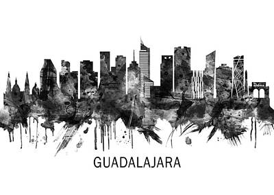 Abstract Skyline Mixed Media - Guadalajara Mexico Skyline BW by NextWay Art