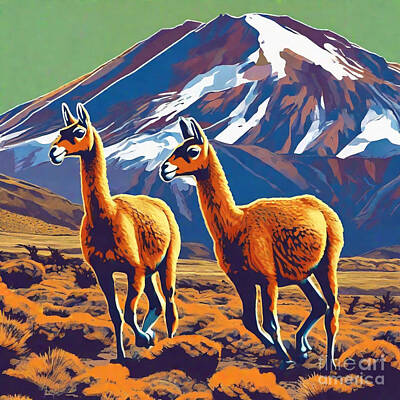 Landscapes Drawings - Guanacos trotting effortlessly across the rugged volcanic landscapes of Patagonia by Clint McLaughlin