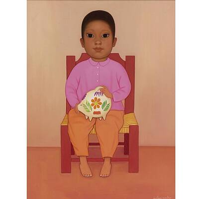 Classic Comic Book Covers - Gustavo Montoya Boy in Pink with Piggy Bank oil on canvas by Arpina Shop