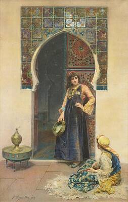 Celebrities Paintings - Gustavo Simoni 1846 - 1946 AN ALGERIAN WOMAN AND A MUSICIAN AT A DOORWAY by Artistic Rifki