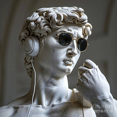 Reptiles - Gypsum statue of David similing listening music by Asar Studios by Celestial Images
