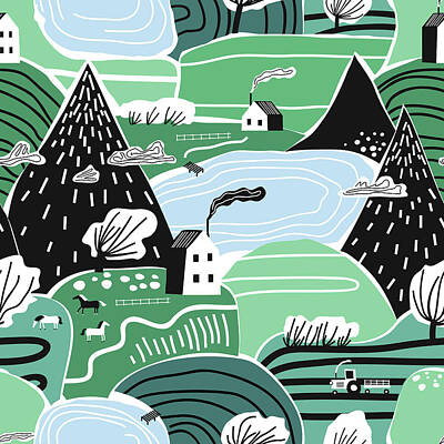 Abstract Landscape Digital Art - Hand drawn abstract scandinavian graphic illustration seamless pattern with house,  trees and mountains. Nordic nature landscape concept by Julien