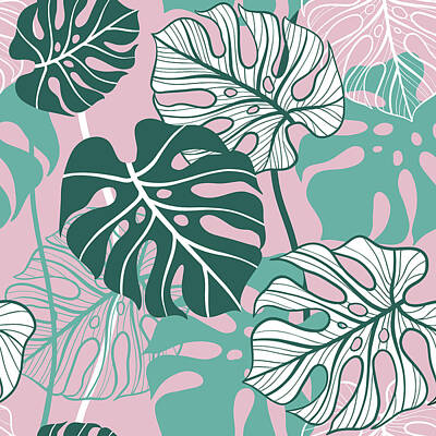 Wine Corks Royalty Free Images - Hand drawn monstera leaves on pink background. Hand drawn seamless pattern. Royalty-Free Image by Julien