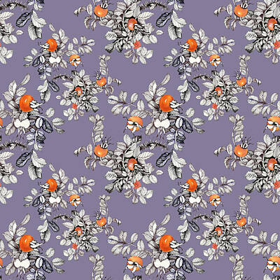 Floral Drawings Rights Managed Images - Hand drawn seamless pattern with branches and fruits of wild rose on purple background Royalty-Free Image by Julien