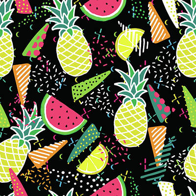 Food And Beverage Drawings - Hand drawn seamless pattern with  watermelon pineapple by Julien