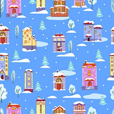 City Scenes Drawings - Hand drawn winter seamless pattern with cute Scandinavian houses, trees, snow, snow banks on blue background. by Julien