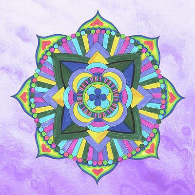 Royalty-Free and Rights-Managed Images - Hand Painted Watercolor Mandala Meditation On Purple by Irina Sztukowski