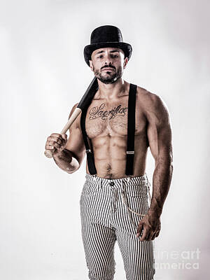 Baseball Royalty Free Images - Handsome shirtless muscular man standing with bowler hat and baseball bat Royalty-Free Image by Stefano C