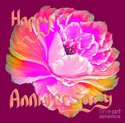 Black And White Line Drawings - Happy anniversary gorgeous rose fantasy pink on dark pink  by Angela Whitehouse