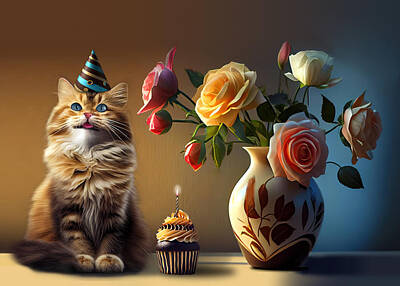 Lilies Digital Art - Happy Birthday - Kitten Cupcake and Roses for You by Lily Malor