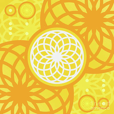 Abstract Mixed Media - Happy Citrus Geometric Glyph Art in Yellow Orange and White n.0068 by Holy Rock Design