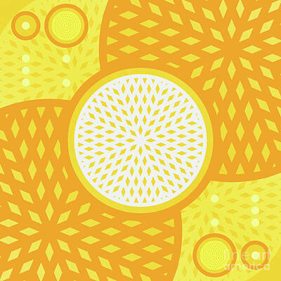 Abstract Mixed Media - Happy Citrus Geometric Glyph Art in Yellow Orange and White n.0368 by Holy Rock Design