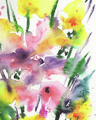 Abstract Flowers Paintings - Happy Splash Of Abstract Watercolor Flowers Pink Purple Yellow by Irina Sztukowski