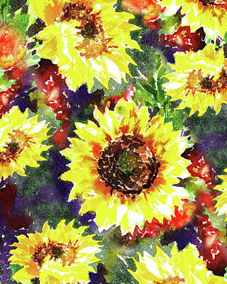 Sunflowers Royalty-Free and Rights-Managed Images - Happy Sunflowers Dance Watercolor Floral Art  by Irina Sztukowski