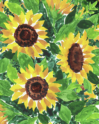 Sunflowers Paintings - Happy Sunflowers Impressionistic Watercolor Pattern  by Irina Sztukowski