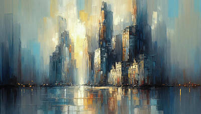 Abstract Skyline Paintings - Harbor of Reflections by Waynn D