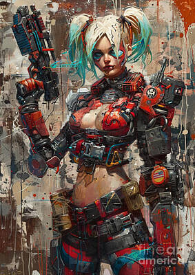 Abstract Drawings - Harley Quinn as a Cybernetic Assassin Equipping Harley Quinn with advanced cybernetic enhancements and weaponry as she navigates a futuristic world of espionage and intrigue by Donato Williamson