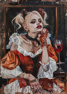 Food And Beverage Royalty-Free and Rights-Managed Images - Harley Quinn as a Renaissance Painter Depicting Harley Quinn as a master painter during the Renaissance creating works of art that capture the beauty and complexity of the human experience by Donato Williamson
