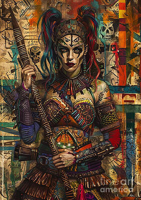 Drawings Rights Managed Images - Harley Quinn as a Tribal Shaman Transforming Harley Quinn into a wise and revered shaman of a tribal community who possesses ancient knowledge and spiritual insight Royalty-Free Image by Donato Williamson