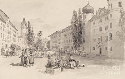 City Scenes Drawings - Hauptplatz in Lienz - Edward Theodore Compton by Sad Hill - Bizarre Los Angeles Archive