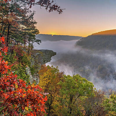 Landmarks Photos - Hawksbill Crag Sunrise and Ozark National Forest Landscape in Autumn 1x1 by Gregory Ballos