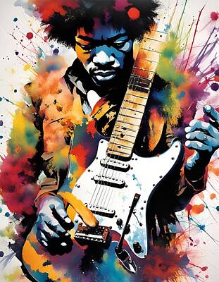 Music Paintings - Hendrix playing Guitar by CIKA Artist