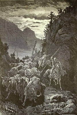 Mammals Drawings - herding combat bulls By Gustave Dore w1 by Historic illustrations