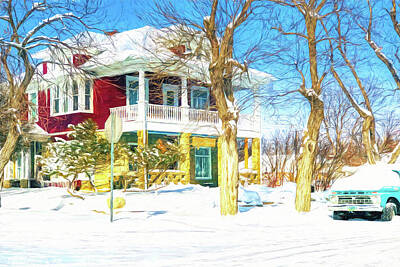 Transportation Mixed Media - Heritage Mansion At Wintertime In Roundup, Montana - Pencil Colored by Tatiana Travelways