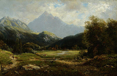 Mountain Paintings - HERMANN HERZOG 1832-1932 Mountain Landscape Switzerland 1890 by Artistic Rifki