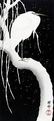 Classical Masterpiece Still Life Paintings - Heron in snow by Ohara Koson by Mango Art