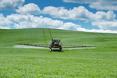 Cactus Royalty Free Images - High Clearance Sprayer in a Flax Field Royalty-Free Image by Dave Reede