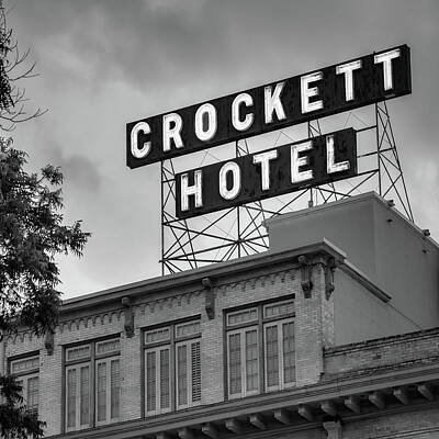 Royalty-Free and Rights-Managed Images - Historic Crockett And Hotel Neon Sign - San Antonio Texas 1x1 Monochrome by Gregory Ballos