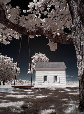Thomas Kinkade - Historic Wisconsin Hauge Log Church and tree swing - vertical version - Daleyville WI by Peter Herman