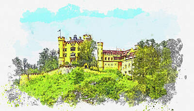 Hollywood Style - Hohenschwangau Castle, watercolor, by Ahmet Asar by Celestial Images