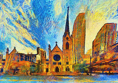 Impressionism Digital Art - Holy Name Cathedral in Chicago, Illinois - digital painting in the style of Van Gogh by Nicko Prints