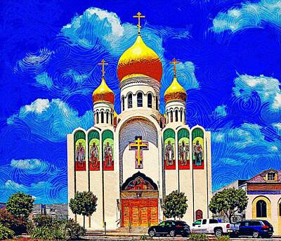 Impressionism Royalty-Free and Rights-Managed Images - Holy Virgin Cathedral - Russian Orthodox cathedral in San Francisco, impressionist painting by Nicko Prints