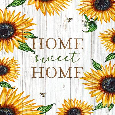 Sunflowers Paintings - Home Sweet Home in Sunflowers on Wood Set 1 by Elizabeth Robinette Tyndall