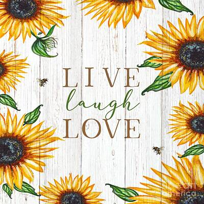Sunflowers Paintings - Live Laugh Love in Sunflowers on Wood Set 3 by Elizabeth Robinette Tyndall