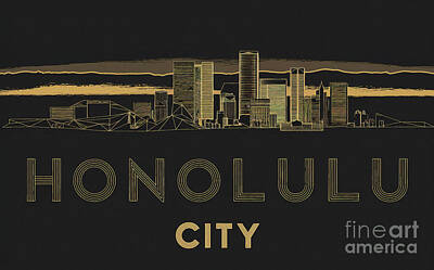 Modern Man Old Hollywood Royalty Free Images - Honolulu City cityscape minimalist Royalty-Free Image by Eldre Delvie