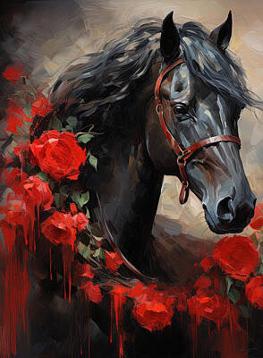 Mammals Royalty-Free and Rights-Managed Images - Horse and Red Roses Art by Lourry Legarde