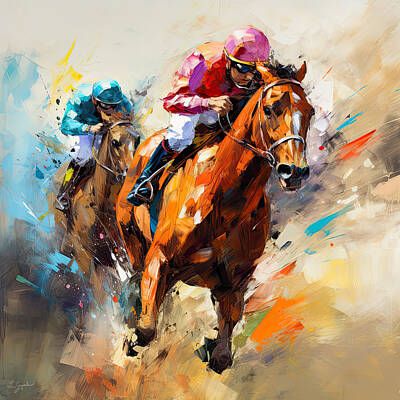 Mammals Digital Art - Horse Racing III - Colorful Horse Racing Artwork by Lourry Legarde